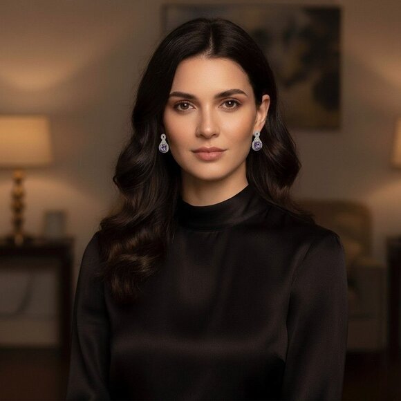 Amethyst Sterling Silver Infinity Design Earrings 1.46 CTW AA Round Cut Rhodium - Picture 3 of 9